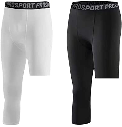 Hovershoes 2 Pcs Men's Leggings One Leg Shorts 3/4 Tights Compression Pants for Basketball Sports Underwear Athletics Base Layer Quick-Drying Fabric Protect Leg for Running Gym Cycling