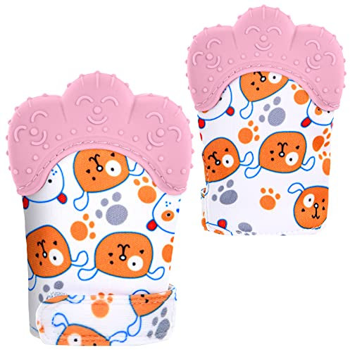 Vicloon Baby Beißhandschuhe,2 Stück Handschuhe Beißring Spielzeug,BPA Frei,Beruhigen Sie wundes Zahnfleisch, Stimulierung Zahnen Handschuhe für 0-6 Monate Baby-Rosa Bär