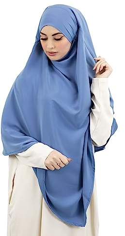 Lamis Hijab - Khimar 2 Schleier zum Überziehen aus Medinenseide, Jilbab für muslimische Frauen, verhüllt KH200, Jeans-Blau, One size