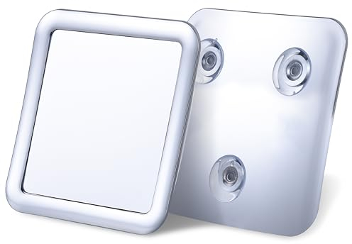 MIRRORVANA Travel Shower Mirror - Small Anti Fog Shaving Mirror with 100% Shatterproof Surface - Stick On Fogless Bathroom Mirror with Triple Suction Cups - 13.5cm x 13.5cm (Chrome)