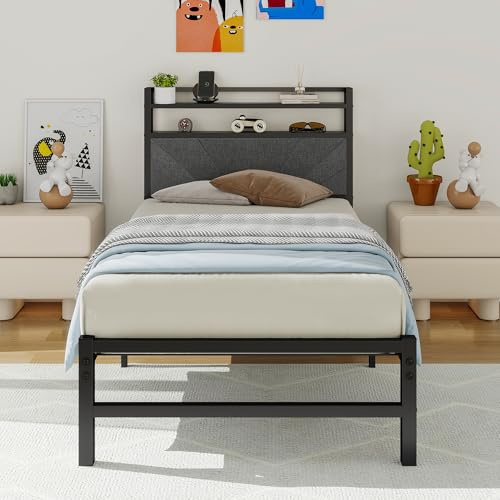 ARFARLY Sängram, enkelsäng, 90 x 200, metallsäng, ungdomssäng, tygsäng – högkvalitativ sängram med ribbotten, sänggavel för vilsam sömn – robust säng 90 x 200, modern design i mörkgrå
