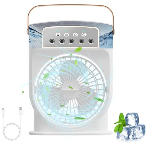 Mobile Klimageräte Mini Luftkühler, 5 in 1 Klimaanlage Klein Tragbare, Luftbefeuchter, mit 7 Farben LED Licht und 3 Geschwindigkeiten, 1/2/3 Stunden Timer, Air Cooler Ventilator mit Wasserkühlung (B)