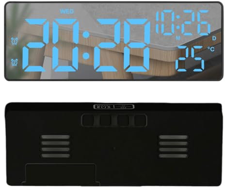 Mateju Despertador Digital, Portatil Reloj para Dormitorio Oficina, Relogio Despertador Tres, 12/24H, Carga Type C, Snooze, Reloj de Mesa, con Espejo (Negro-Azul)