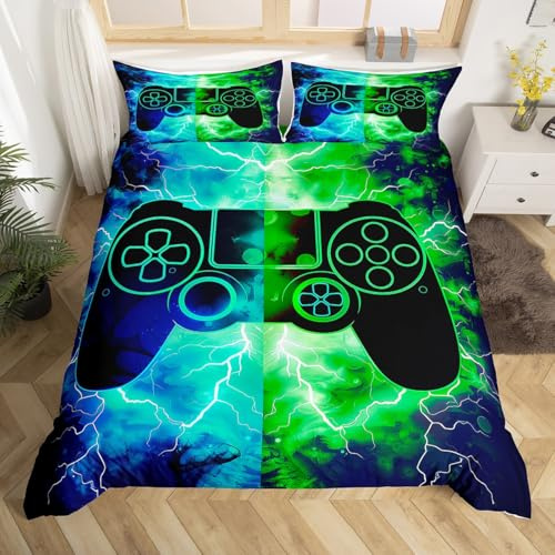 Homemissing Gaming Housse de Couette 220x240cm Flash Gamepad Ensemble de Literie pour Console de Jeu Gamer Ensemble de Literie Vert Bleu Moderne Parure de Lit