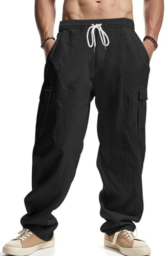 PADOLA Pantalon Lin Homme avec 4 Poches Taille Elastique Décontracté Pantalons de Travail Léger été Cargo de Plage Fluide Pantalon Yoga Cordon de Serrage Uni Baggy Grande Taille (2 Noir, 3XL)