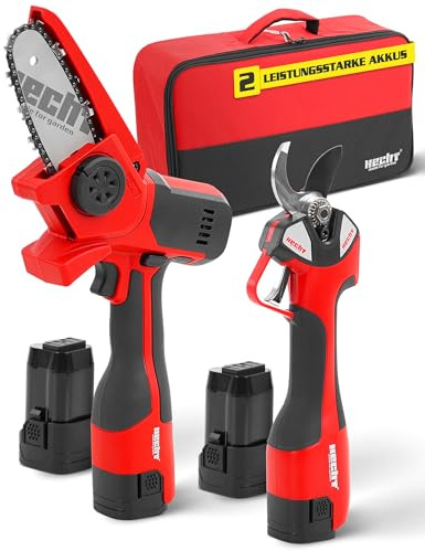 HECHT Akku Astschere 32 mm & Mini Kettensäge 14 cm – elektrische Gartenschere 650 W mit 2 × 14,4 V Akkus, Profi Baumscheren-Set für Garten-, Ast- & Holzsäge-Arbeiten, inkl. Tasche & Zubehör