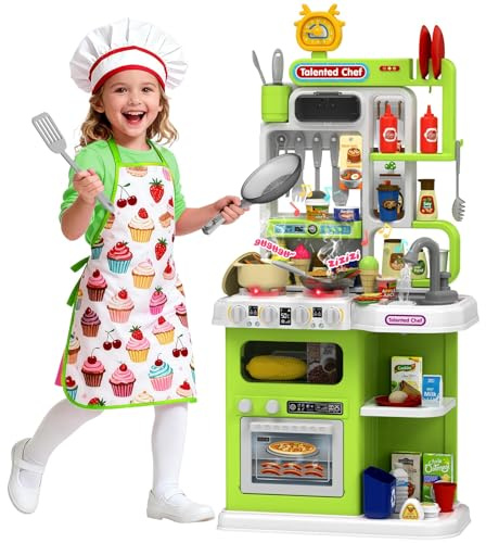 DRAMATION Kids Kitchen Playset, 36.22'' Play Kitchen for Toddlers 1-3 with Steam, Sound & Light, Cooking Stove, Play Sink, Oven and Toy Kitchen Accessories, Kitchen Set for Boys Girls 3 4 5 (Green)