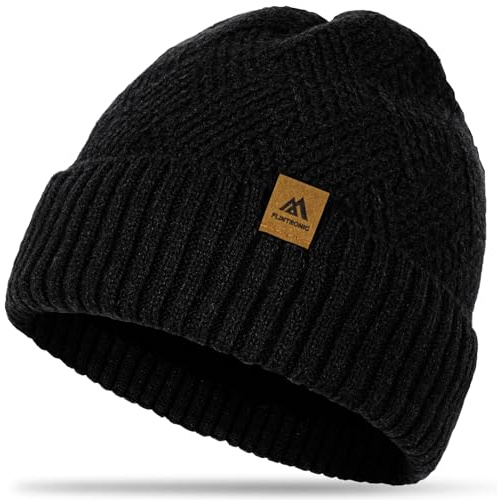 flintronic Termisk stickad vintermössa för män och kvinnor, klassisk stretchstickad skalle keps med varmt foder, vindtät kallt väder unisex hatt, A-svart, one size