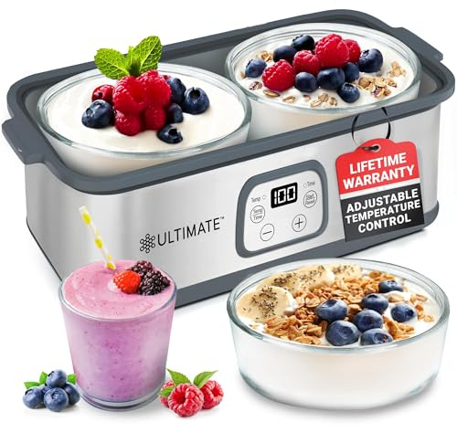 Ultimate Probiotic Yogurt Maker with Adjustable Time & Temperature Control, Make Trillions of Probiotics for Better Gut Health, Two 1-Quart Containers for Larger Batches, ULTIMATE LIFETIME WARRANTY