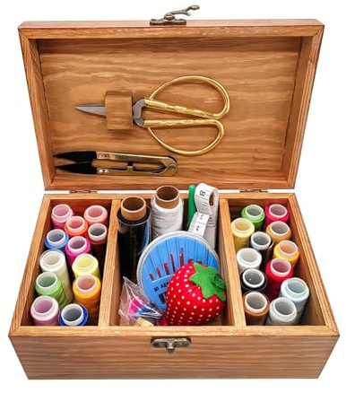 Wooden Sewing Kit Box, Wooden Sewing Basket with Sewing Kit Accessories, Home Organize Box Stitching Repair Tool Kit for Adults Beginner