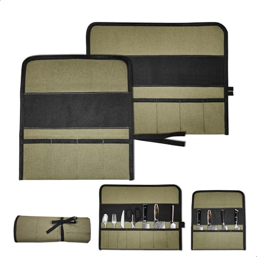 Sac à Couteaux de Chef, 2 Pièces Malette Couteau Portable, Etui Couteau avec Compartiments, Rouleau Rangement Outil, Pochette Couteau pour Camping Randonnée Travail, Fixation Cordon Enveloppant