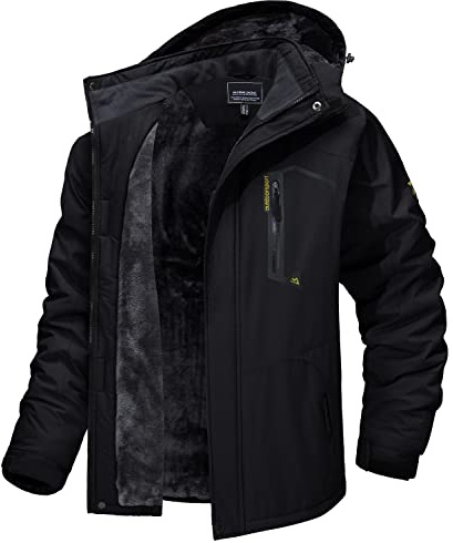 MAGCOMSEN Mens Waterproof Coat Snowboarding Jacket Men Windproof Coats Thermal Jackets for Men Fleece Jacket Walking Clothing Ski Jackets Mens with Detachable Hood Black Jackets