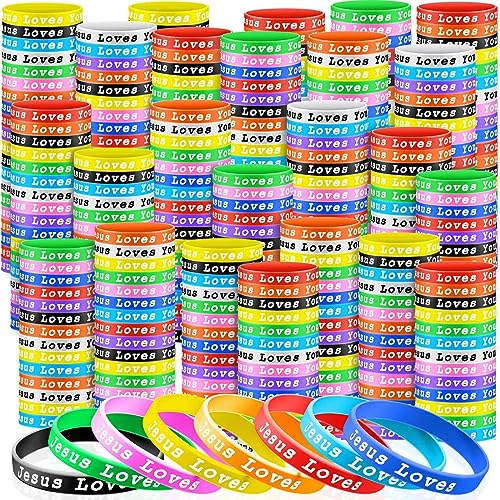 Skylety Jesus Loves You Silicone Bracelets Colorful Christian Jesus Wristbands Christian Rubber Bracelet for Kids Teens Adult Men Women Motivational Wristbands Church School Party Favors(120 Pieces)