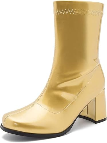 Women's Go Go Boots Mid Calf Block Heel Zipper Boot Ankle Boots Low Block Heel Short Boots Shoes (Gold Patent, numeric_6)