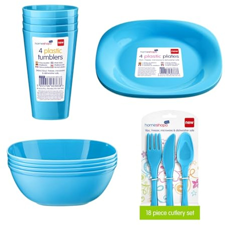 HOMESHOPA 30-Piece Blue Plastic Dinnerware Set, Lightweight Unbreakable Plates, Bowls, Tumblers & Cutlery, Reusable Tableware for Camping, Picnic, Party & Everyday Use