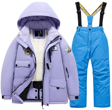 Generisch Combinaison de ski pour enfant - Avec poche polaire - Veste et pantalon d'hiver coupe-vent - Snowboard - Unisexe - Pour l'hiver, bleu, 6-8 ans