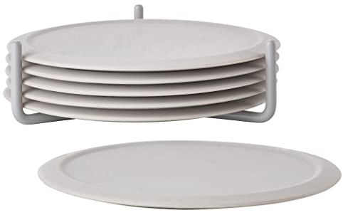 Zone Denmark Singles Glasuntersetzer aus Silikon, Untersetzer für Gläser, Tassen, Cocktailgläser, Durchm. 10 cm, Höhe 3,1 cm, 6 Stück, inkl. Halter, Warm Grey (Grau)
