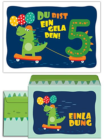 Junaversum 12 Einladungskarten incl. 12 Umschläge zum 5. Kindergeburtstag Dinosaurier für Jungen Jungs Einladungen fünfte Geburtstag