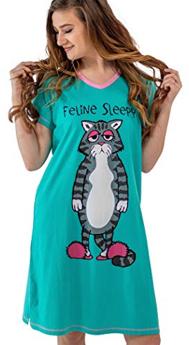 Lazy One Women's Novelty Nightshirt – Feline Sleepy Cotton Nightgown, Sleep Shirt, Women’s Sleepwear, L/XL