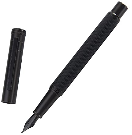 Brushed Black Forest Fude Pen, Bent Nib Calligraphy Fountain Pen (Fine to Broad) with Converter and Metal Box Set by Asvine