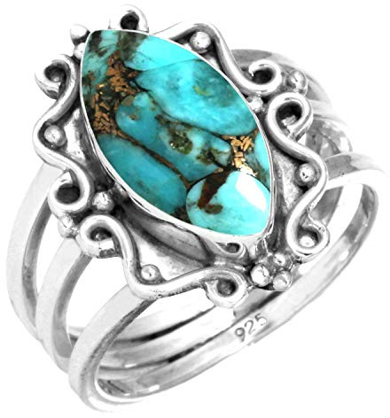 Jeweloporium Bague en argent sterling 925 avec turquoise bleue et cuivre, taille 60, pour femme, bijou artisanal en pierre marquise