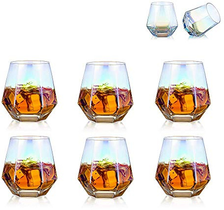 Glasseam 300 Ml Diamond Whisky Glasses: 6er-Set Gekipptes Whiskyglas | Bleifreies Irisiertes Glas, Für Männer, Frauen, Papa, Ehemann, Freunde, Für Bourbon, Rum, Scotchglas, Bar Tumbler
