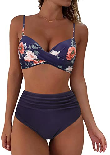 RXRXCOCO High Waisted Bikini Set Push Up Bikini Top with Tummy Control Bikini Halter Neck Underwired Padded Bikini 2 Piece