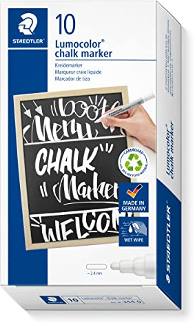 STAEDTLER Lumocolor 344 Kreidemarker – Weiß, 10 Stück, 2,4 mm | Für Tafel, Glas & Spiegel, abwischbar – Fensterkreidestift – Art.-Nr. 344-0