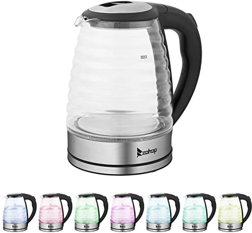 Gappys Electric Glass Kettle - 1.8L Cordless Fast-boiling Water Heater w/ Auto Shut-off & Boil-dry Protection - Removable Tea Infuser Included - Multicolor Light, Black (HD-1861-A)