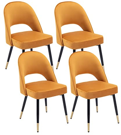 chairus Esszimmerstühle Samt Armlos Hohler Rücken Metallbeine 4er Set Gelb | Samt-Bezug, ohne Armlehne, hohle Rückenlehne, Metallbeine, für Küche, Wohnzimmer