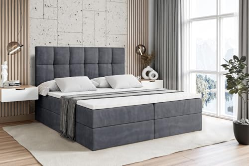 ALTDECOR Boxspringbett mit Matratze und Lattenrost, Boxbett, Topper, Polsterbett mit Bettkasten, Bett mit Stauraum H3-Matratze, Doppelbett, Springboxbett - RICAR - 140x200 - Dunkelgrau Samt