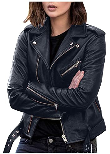 EMUKFD - Chaquetas de cuero para mujer, estilo motociclista, talla plus, cortas, ligeras, de piel vegana, ajustadas, con cremallera y bolsillos, Negro, L