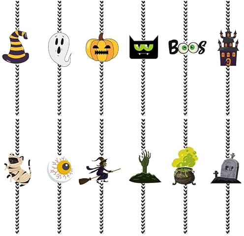 SUMKTO 24pcs Halloween fête Vaisselle jetable Paille château sorcière Citrouille décoration Halloween Horreur fête Fournitures