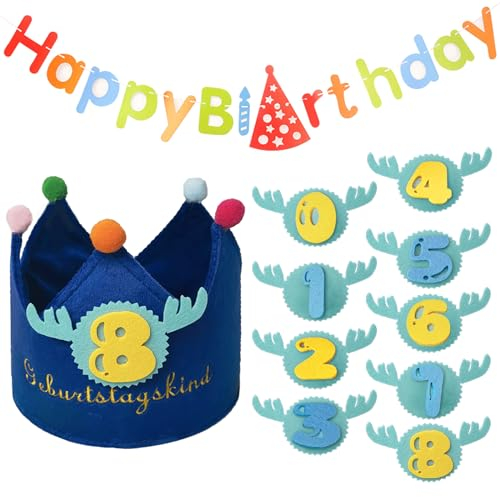 DKDDSSS Geburtstagskrone Kinder, Krone Geburtstag Jungen Mädchen, Geburtstagshut, Wiederverwendbare Stoffkrone, Kindergeburtstag Party Deko Kinder Partyhüte mit auswechselbaren Zahlen von 1-8