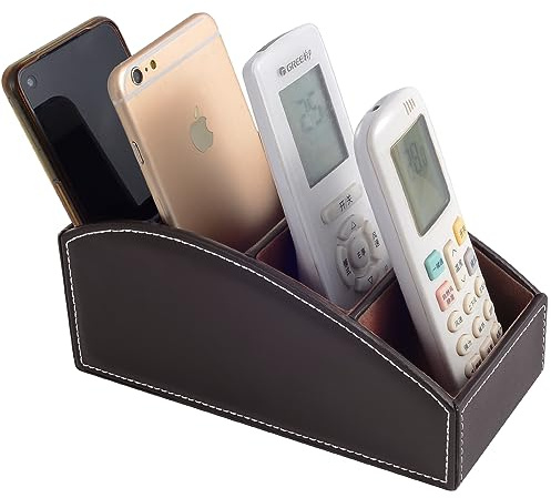 XNONE Fernbedienungshalter, PU Leder Fernbedienung Organizer mit 4 Fächer,Multifunktion Nachttisch Schreibtisch Organizer,Schreibtisch-Organizer Stiftehalter für Stifte,Brille,Handys,Make-Up,Braun