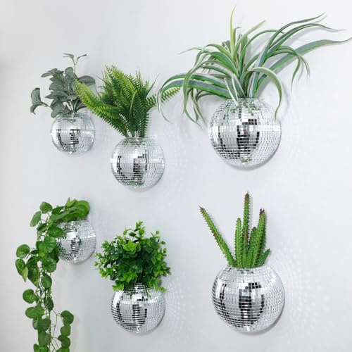 Maxcheck Discokugel-Pflanzgefäß, 12 cm, Spiegel-Discokugel, Wandbehang, Glaskugel, Vase, Boho-Blumentöpfe, Terrarien, für Innen- und Außenbereich, Heimdekorationen, 6 Stück, Silber