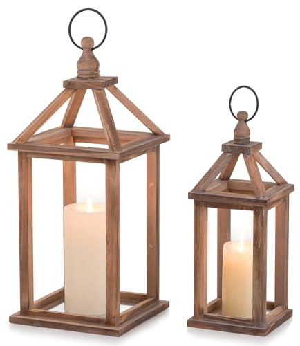 Romadedi Lanterne Bougie Bois Grande - Ensemble de 2 Lanterne Decorative Exterieur 30/40cm pour Noel Mariage Interieur Decoration Table Maison Jardin Vintage Rustique, Marron