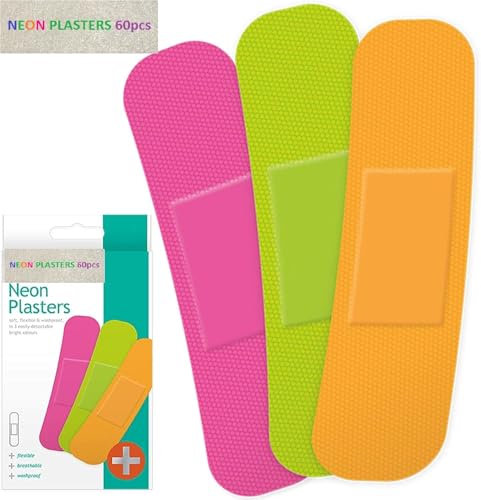 60pcs Assorted Color Neon Plasters, Detectable Breathable Wound/Cut Injury Dressings - Brightly Coloured, Easily Detectable Assorted Plasters