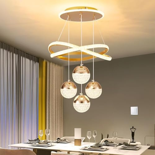 VTAMng Moderner goldener LED Kronleuchter für Esstisch dimmbare Pendelleuchte geeignet für Kücheninsel Esszimmer Wohnzimmer moderne Deckenleuchte höhenverstellbar Heimdekor Beleuchtungskörper(Gold,Reg