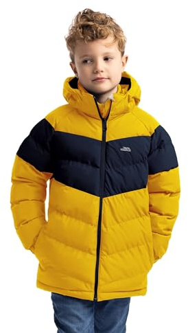 Trespass barn vardaglig jacka Aldery – vadderad, vattentät, vindtät, avtagbar huva, elastisk krona, kontrasterade bröstpaneler, justerbar manschett, 2 svetsfickor, 100 % polyester, Honungsbi, 7-8