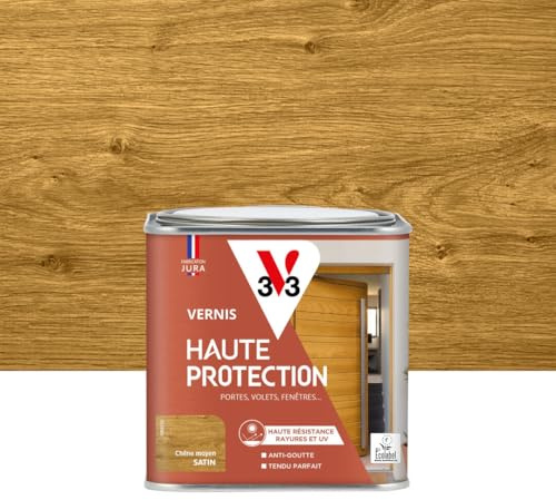 V33 Vernis bois extérieur Chêne moyen satin - Haute Protection - Haute résistance rayures et UV - Anti-goutte et tendu bon - Ecolabel - 0,5L | Haute Protection - Haute résistance rayures et UV - Anti-goutte et tendu parfait - Ecolabel