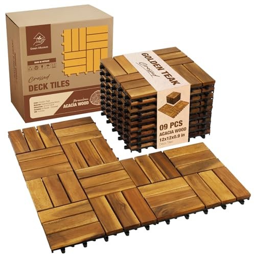GREEN ALLUVIUM Premium Acacia Wood Interlocking Deck Tiles, 9 PCS 12x12x0.9 Patio Flooring, Waterproof Decking Tiles for Balcony, Backyard & Patio, All Weather Use (Golden Teak - Crossed Pattern)