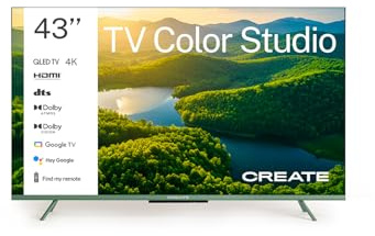 CREATE / TV Color Studio/Téléviseur Smart TV QLED 4K 43 Vert Sauge/Écran antireflet, contrôle Vocal, capteur de luminosité, Dolby Atmos, Low Blue Light & Flicker Free, HDMI TM