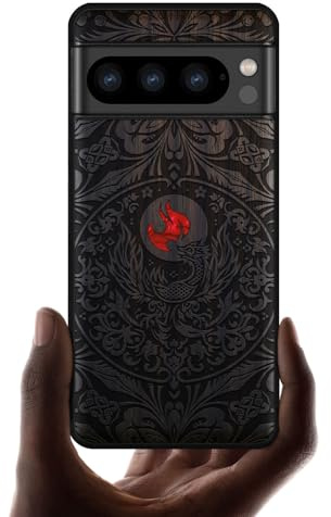 Carveit Handcrafted Case for Pixel 8 Pro (Phoenix-Blackwood) | Google Pixel 8 Pro Cover, Wood Engraved & Shell Inlaid, TPU Shockproof Bumper, Wireless Charging Compatible