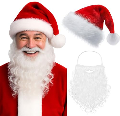AYNKH Weihnachtsmann Bart Weihnachtsmütze für Erwachsene, Weiß Vollbart Nikolausmütze Kostüm für Accessoires Karneval Halloween
