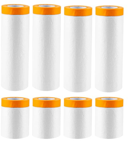 WOPPLXY 8 Rollen Abdeckfolie mit Klebeband, 55cm x 20m / 150cm x 20m Malerfolie, Transparent PE-Folie mit Gelb Papier Maler Abdeckfolie zum Staubschutz, Lackieren von Autowänden (4 Rollen jeder Größe)