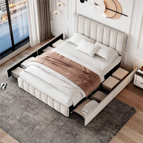 4ft6 Double Bed Frame with 4 Storage Drawers, Upholstered Platform Bed with Adjustable Channel Tufted Headboard, Velvet, Sturdy Metal-Wood Support, No Box Spring Needed, Easy Assembly,Beige Double Bed