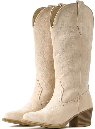 IUV Cowboy Boots for Women Suede and Artificial Leather Western Mid Calf Boots Pull-on Pointy Toe Boots, Camel, 6 UK