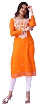 Estationeryhouse Kurti da donna in georgette Lucknowi chikankari, design rosa con ricamo pesante, senza pantaloni, Arancione, XXL