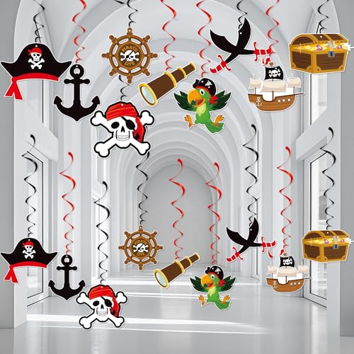 Piraten deko,Kaluofan 36 Stk Piratendeko Party Hängende Wirbel Deko | Piraten Deko Kindergeburtstag Piraten Kapitän Hut Schädel Papagei Deko für Piraten Nautische Karibik Piratenparty deko